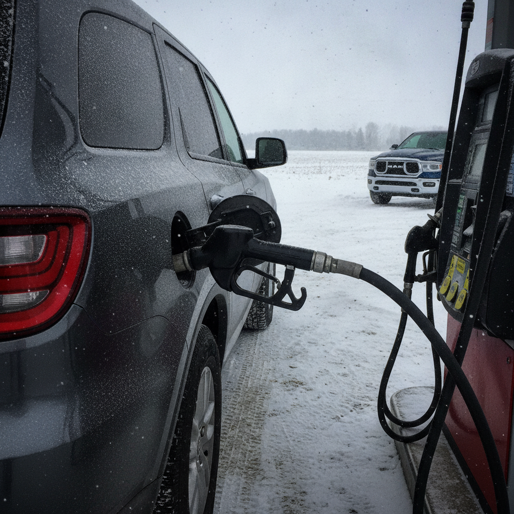 Dodge Durango refuelling at a snowy rural Manitoba gas station