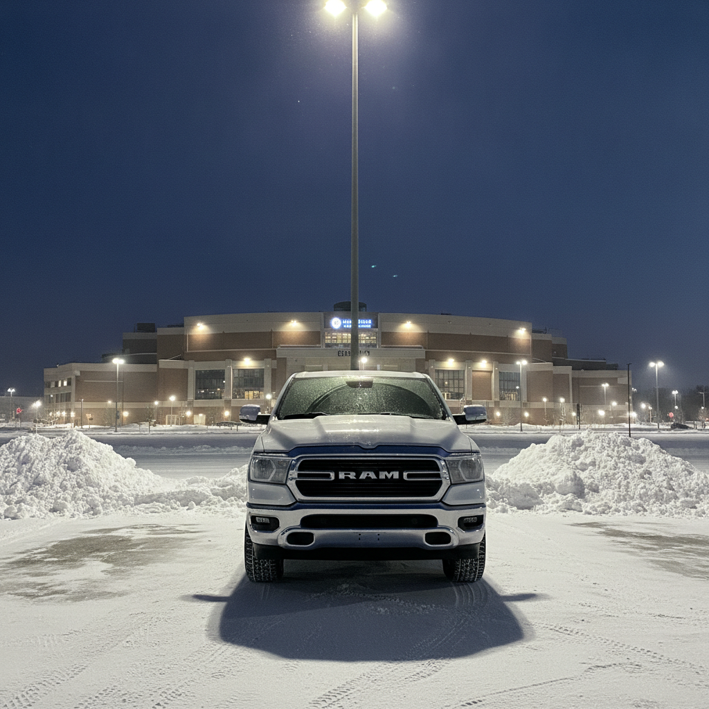 pickup with a fogged windshield in a snowy rink parking lot on a winter evening
