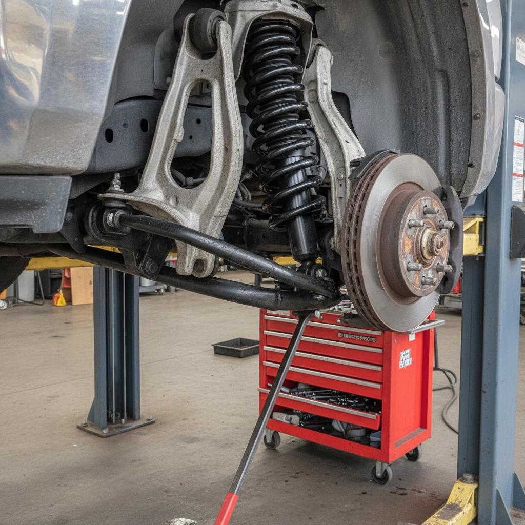 pickup front suspension on a service hoist with a pry bar on a tool cart