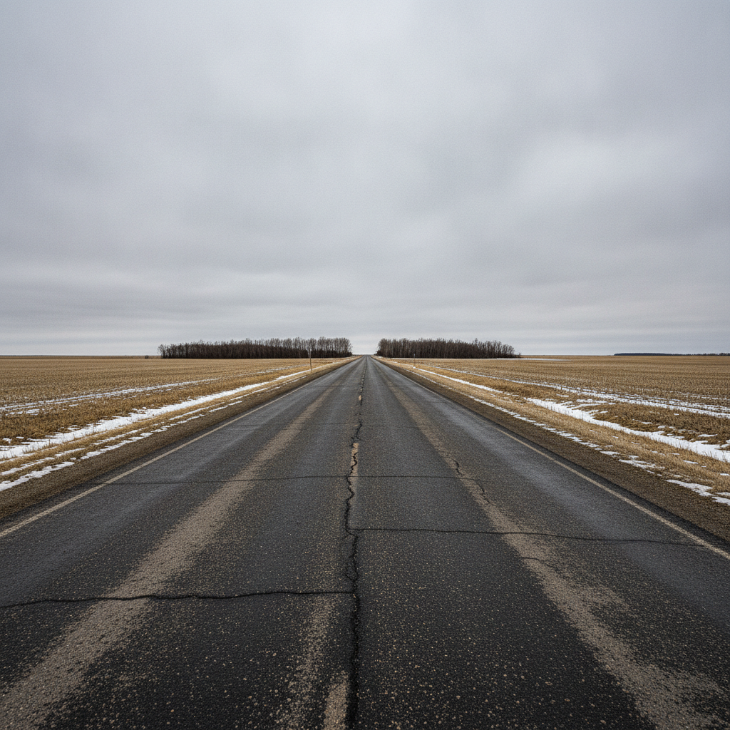 prairie highway with frost heaves and patched asphalt in early spring in Manitoba