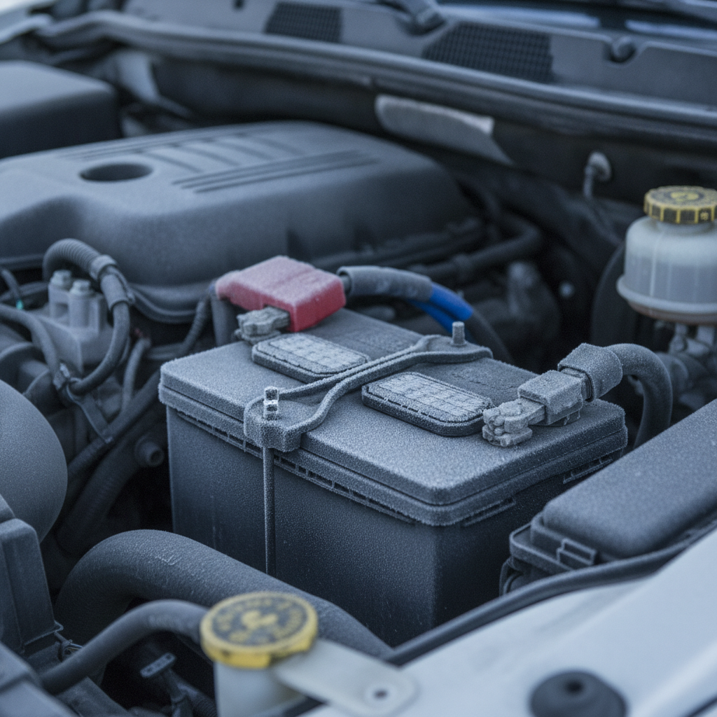 frosted automotive battery and terminal clamps in a cold engine bay