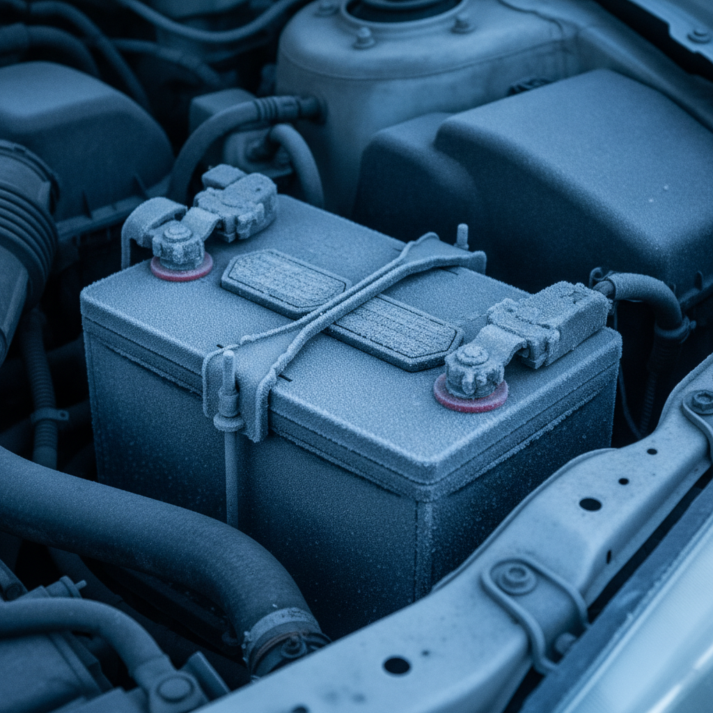frosted automotive battery and terminal clamps in a cold engine bay