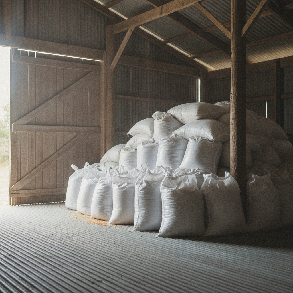 stacked grain bags on a steel floor in a farm shed