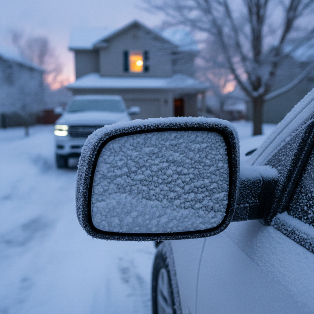 frost covered heated side mirror on a pickup at dawn in a snowy driveway