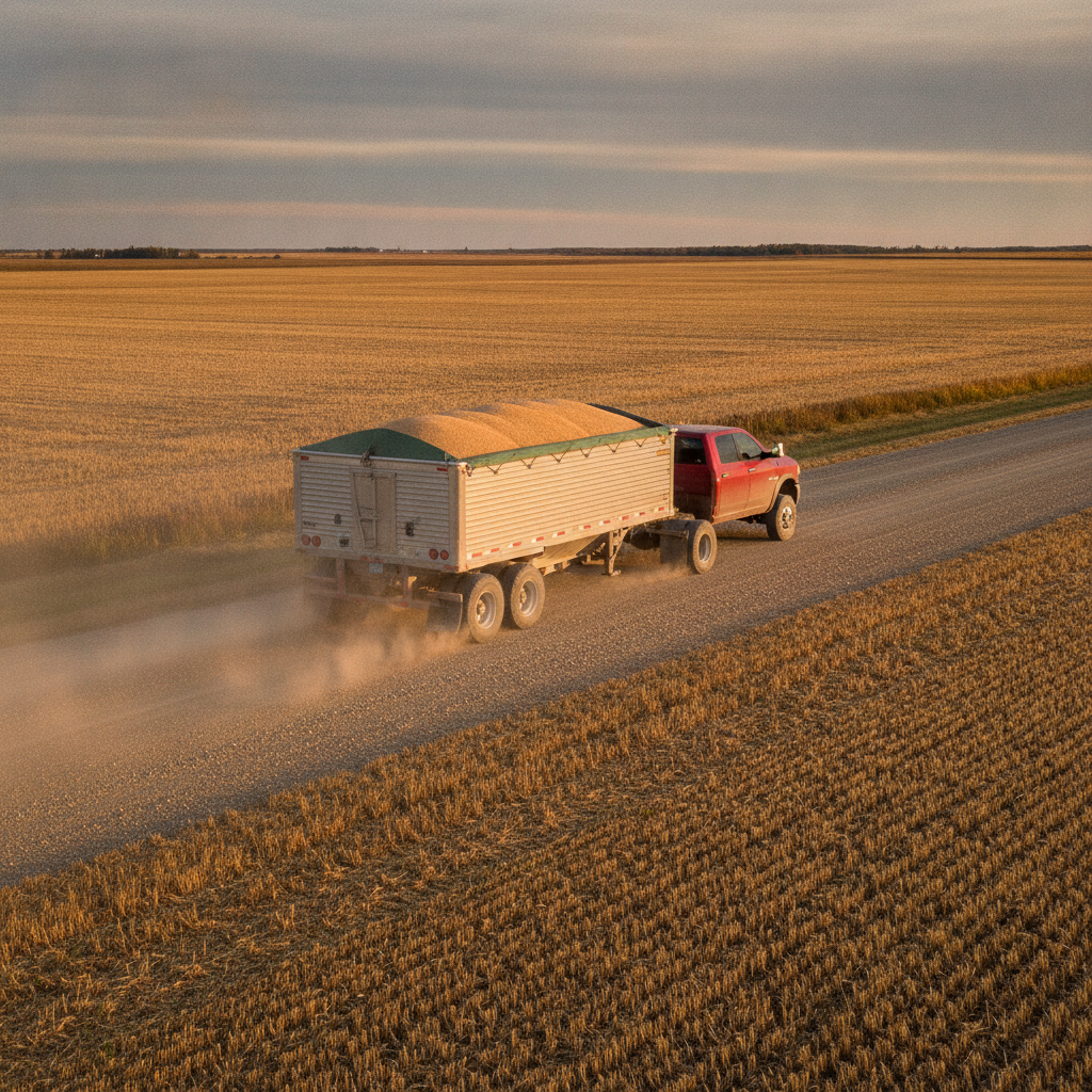 heavy duty pickup pulling a grain trailer on a Manitoba gravel grid road in late fall