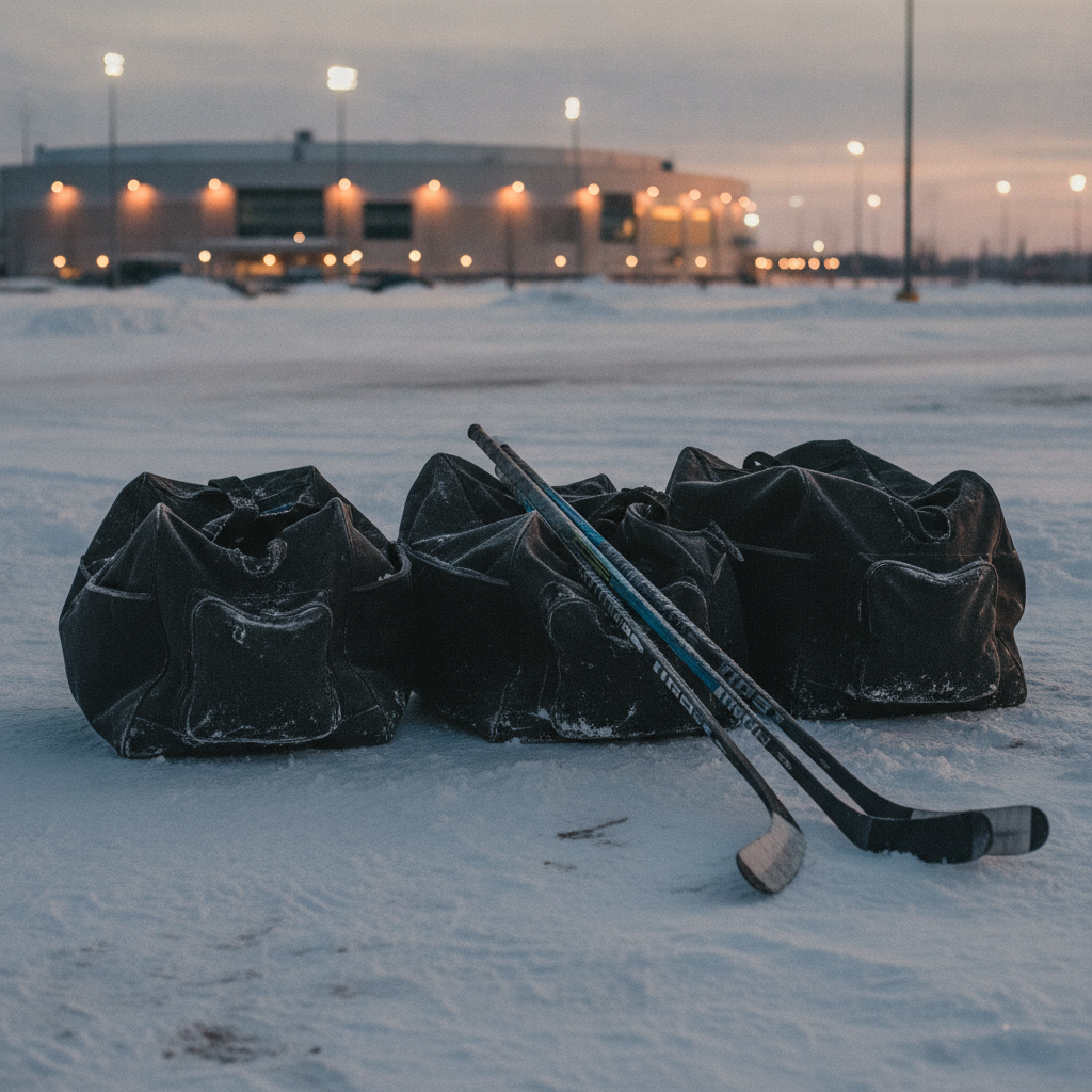 hockey bags and sticks on packed snow outside an arena at dusk