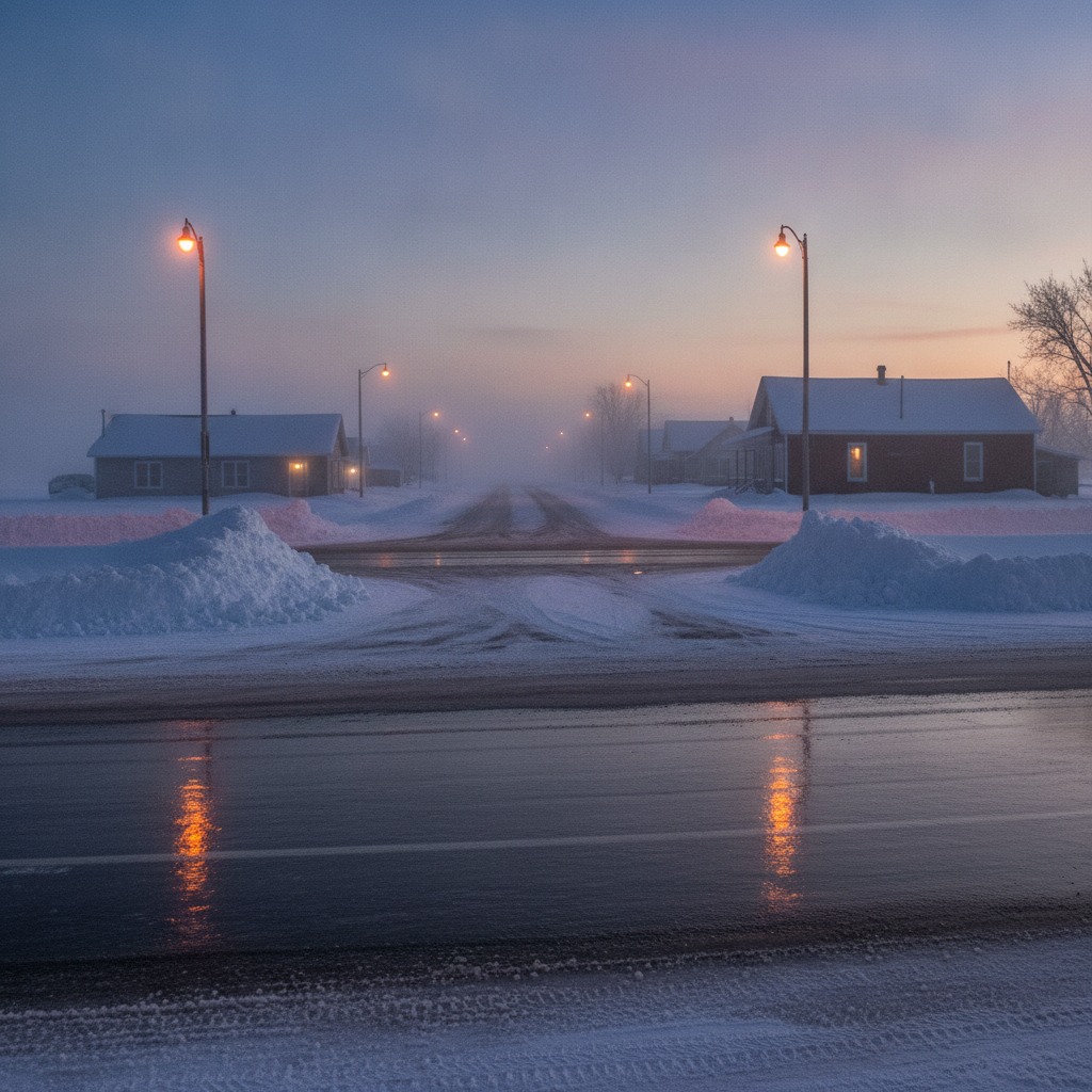 polished ice at an empty prairie intersection on a January morning