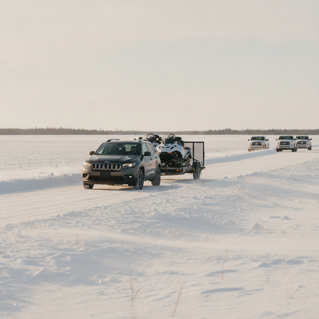 Two snowmobiles on a light trailer behind a Jeep Cherokee on a snowy Manitoba road