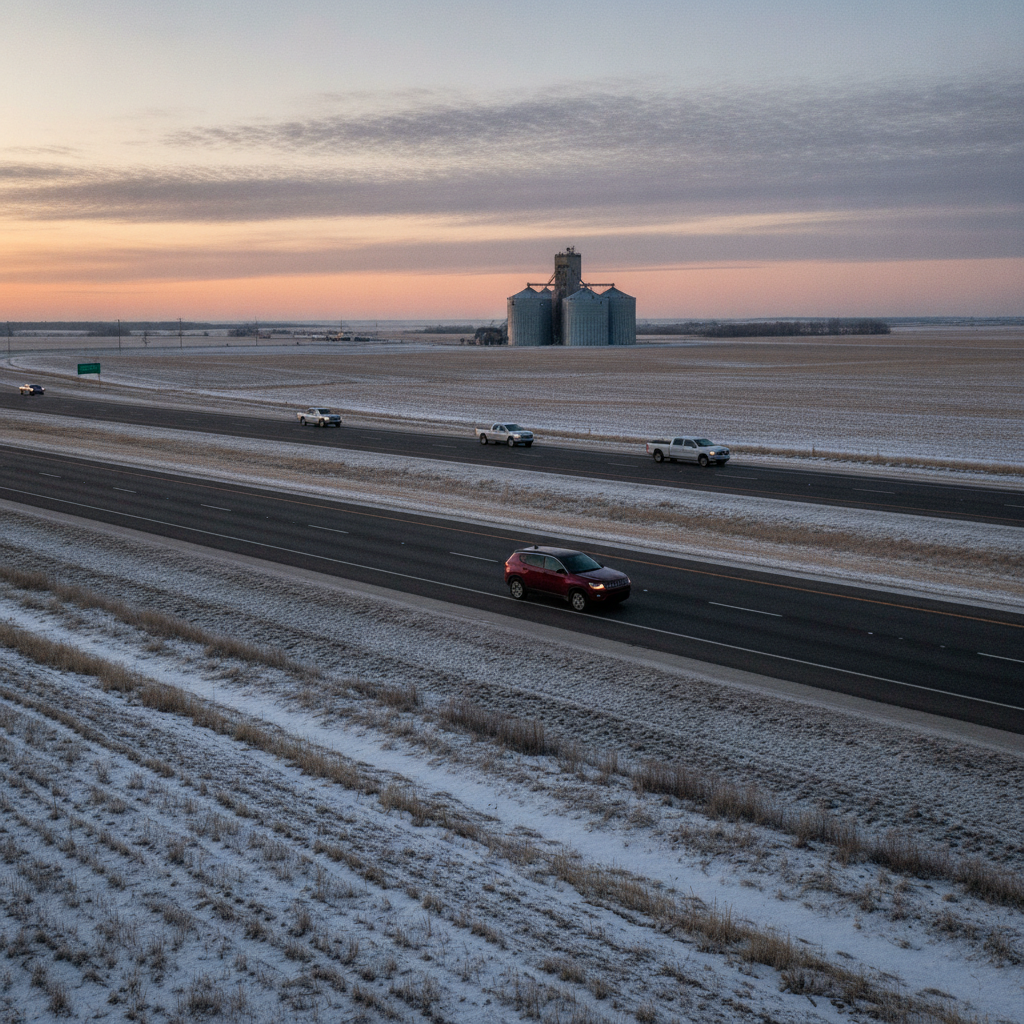Jeep Compass on a Manitoba prairie highway at dawn in late fall