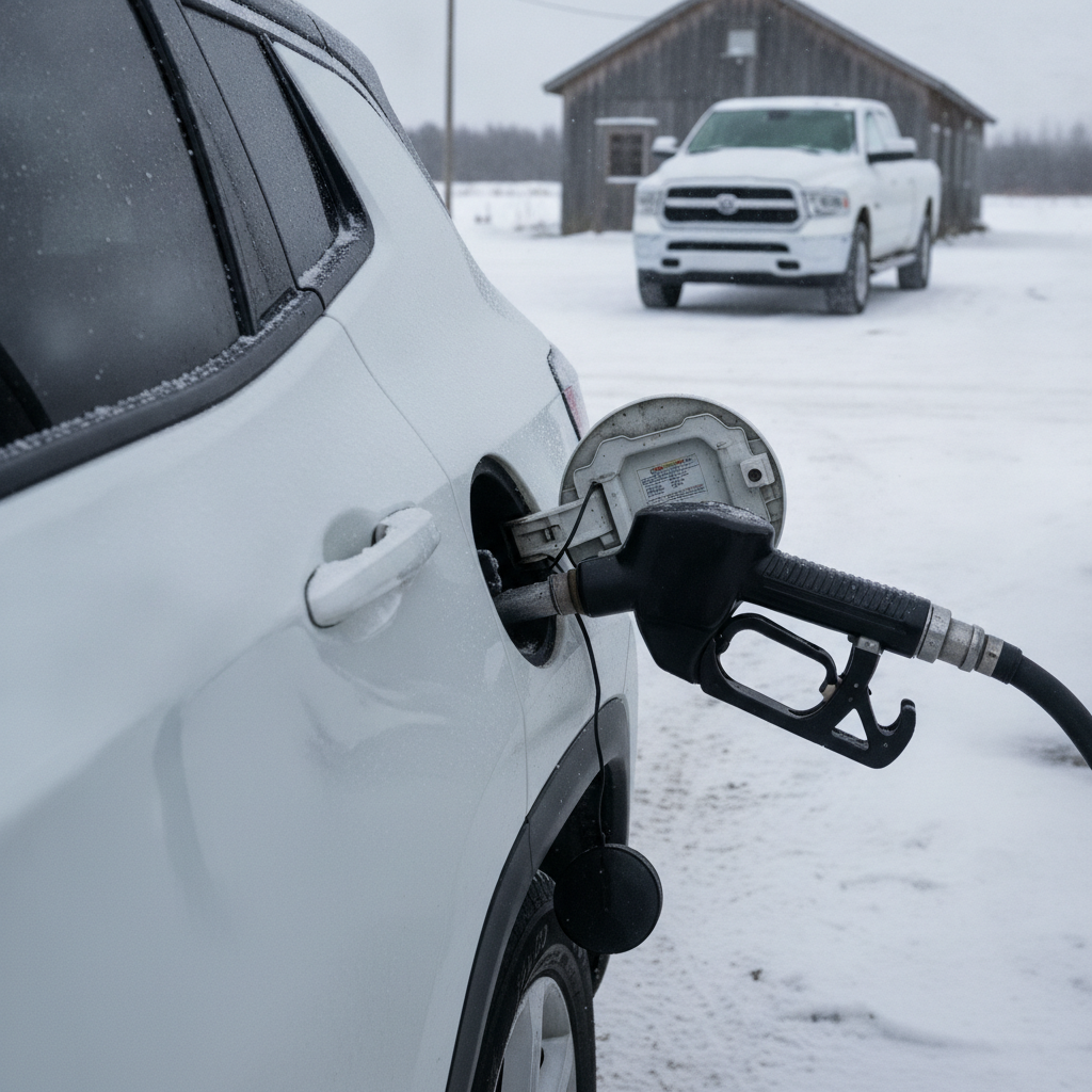 Jeep Compass refuelling at a snowy rural Manitoba gas station