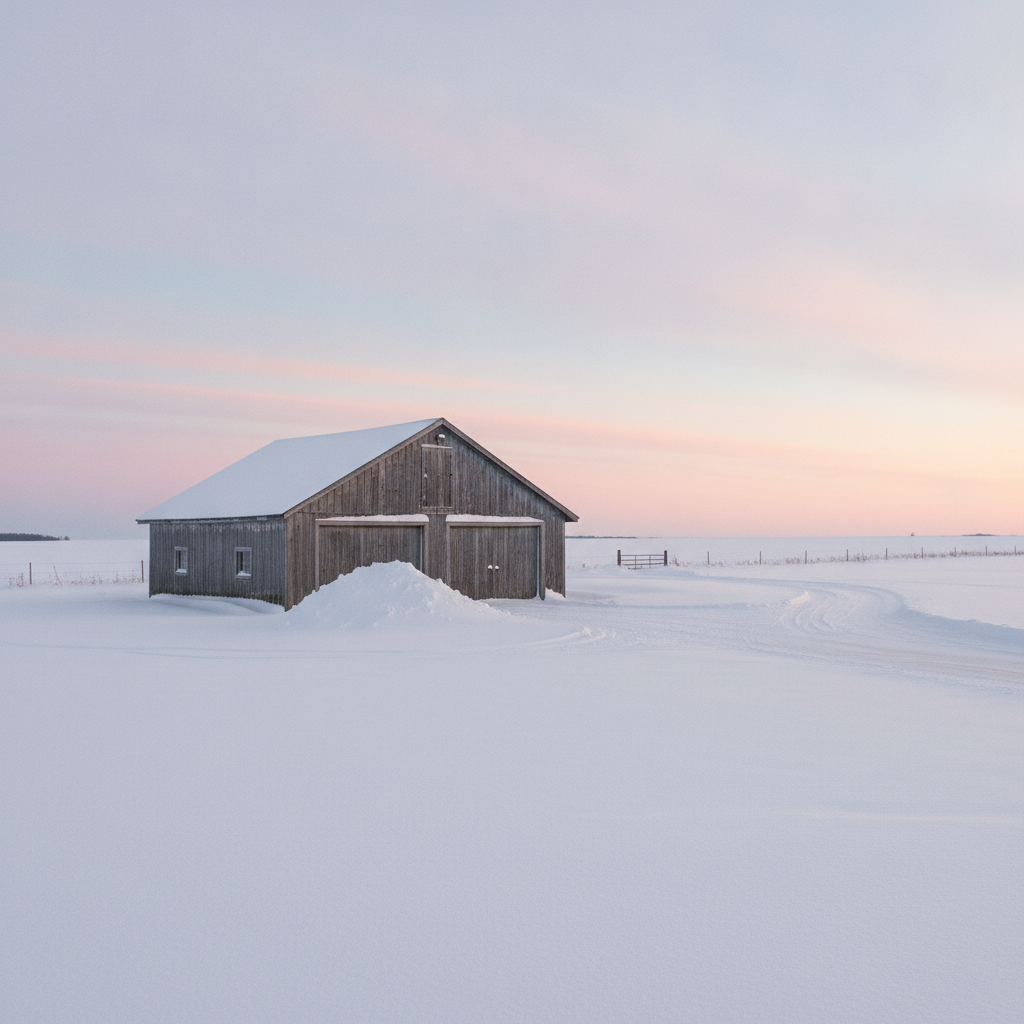 Snow covered Manitoba farmyard at dawn with a closed garage and a gravel driveway