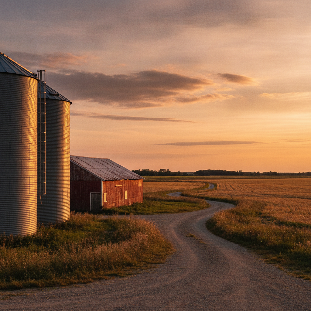 Manitoba farmyard with grain bins and a machine shed at harvest