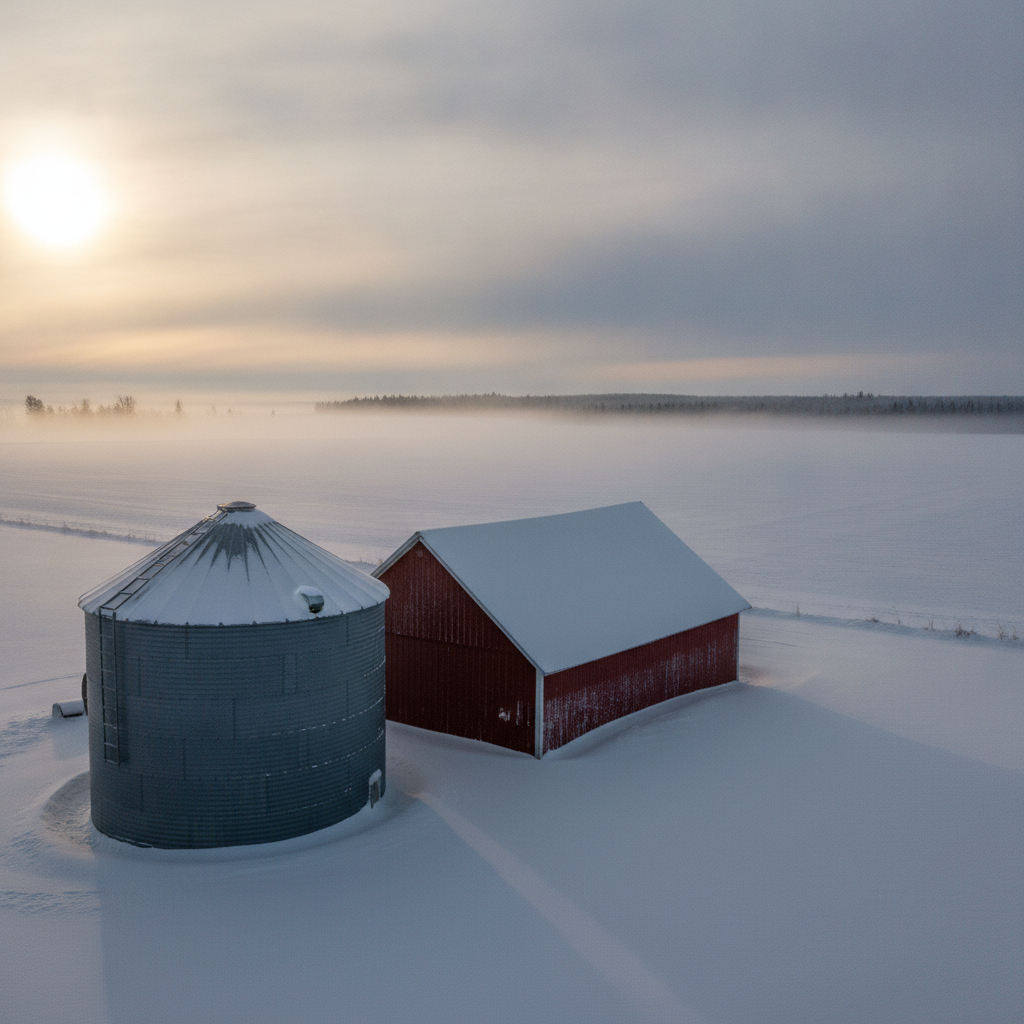 Manitoba farmyard at sunrise in January with a grain bin under snow