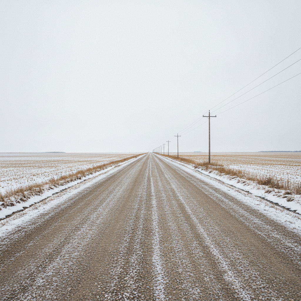 gravel grid road between snowy stubble fields on the Manitoba prairie