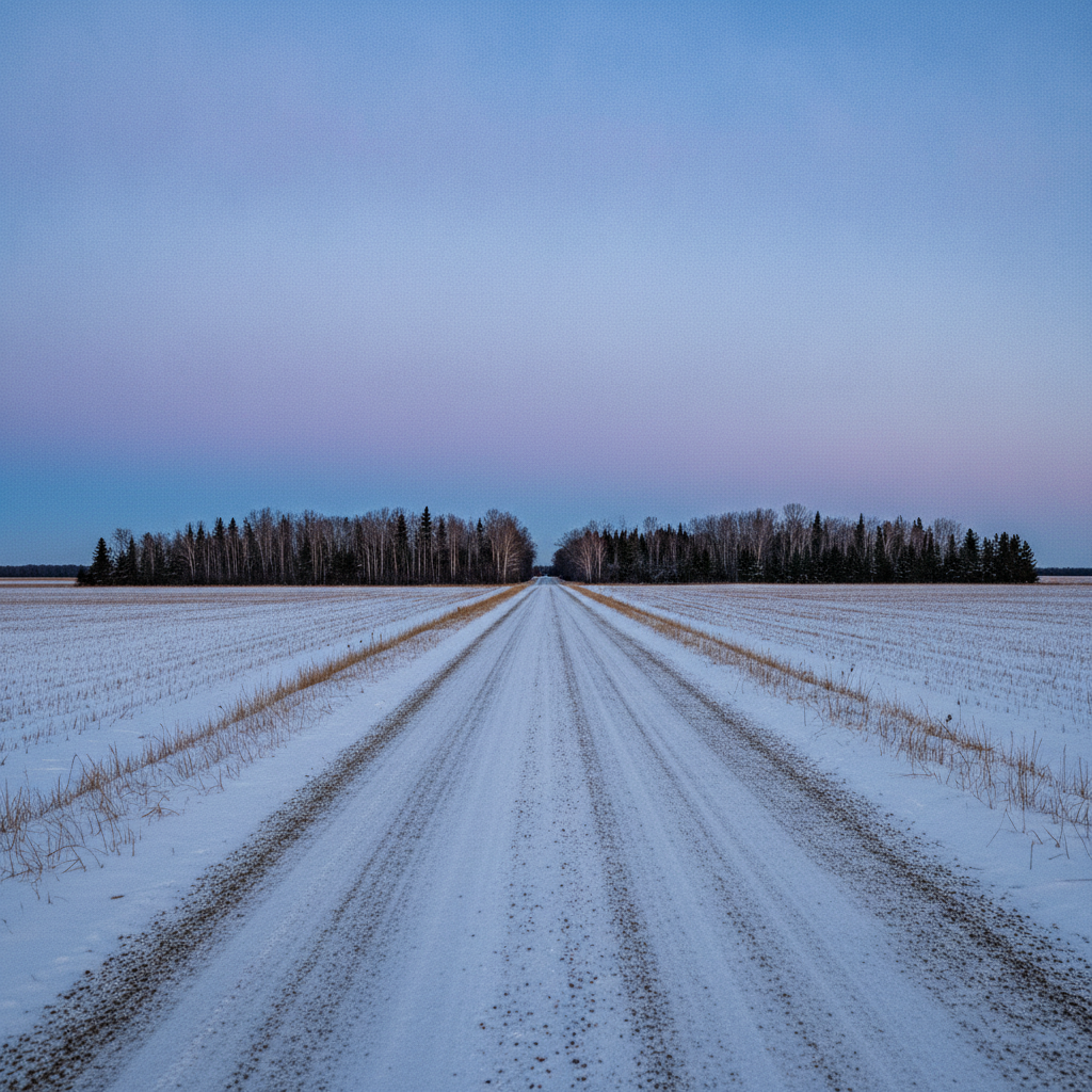 snow dusted gravel grid road between Manitoba fields at dusk in early winter