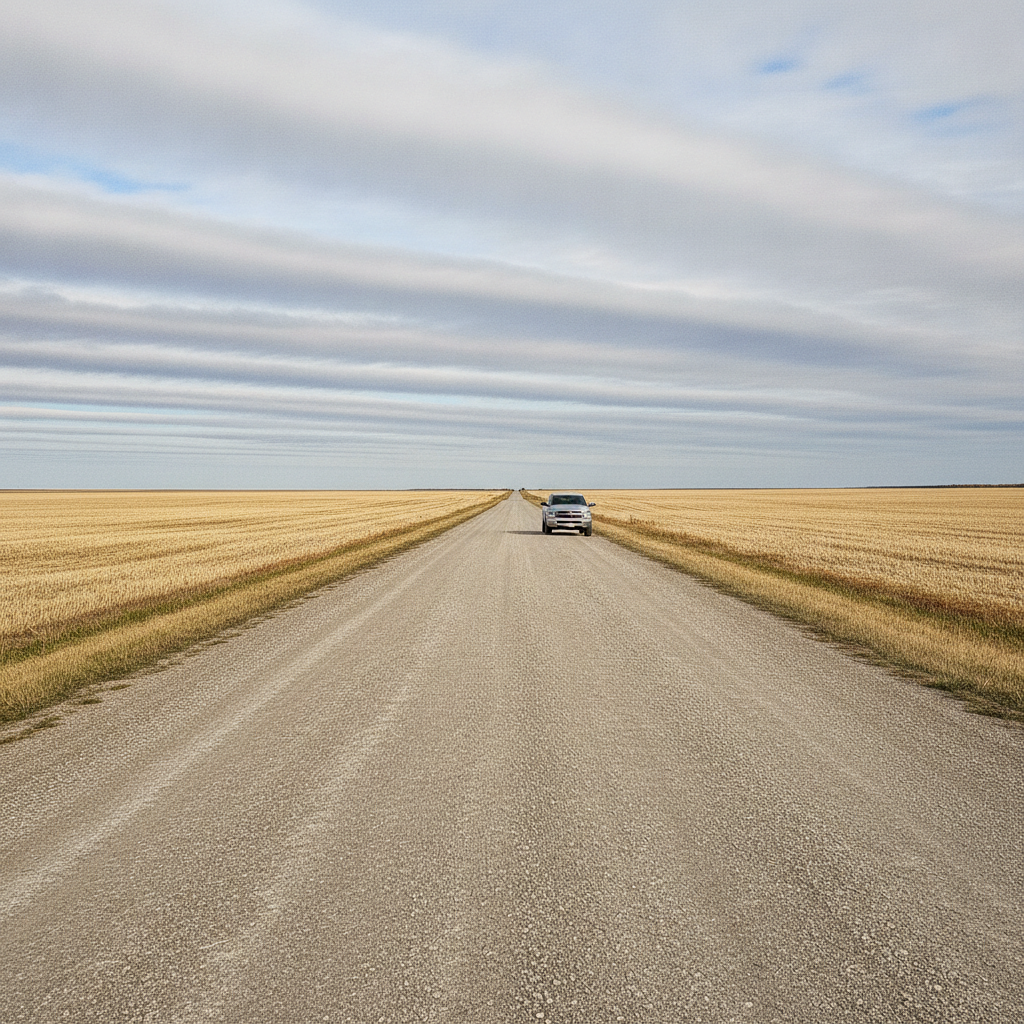 gravel grid road between harvested Manitoba fields with a pickup parked far off