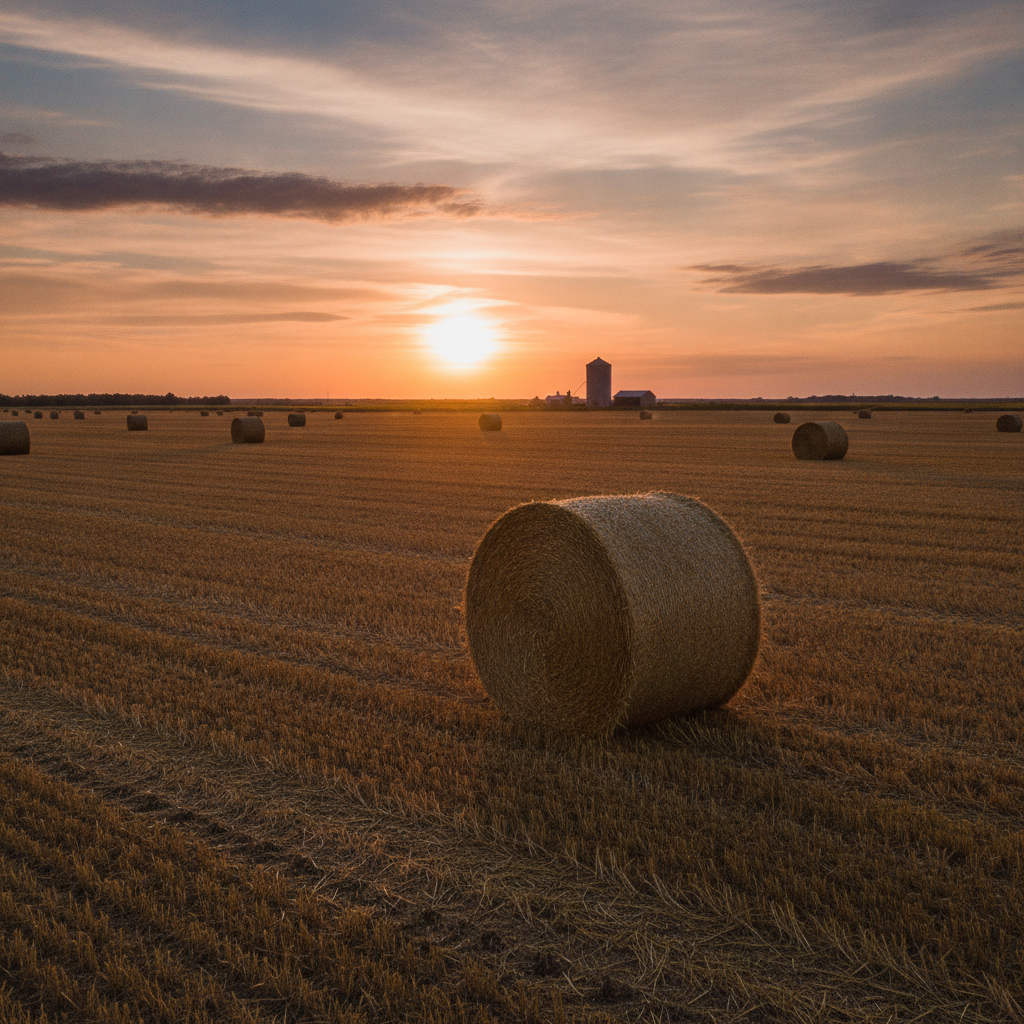 harvested Manitoba wheat field with round bales and a grain bin at sunset
