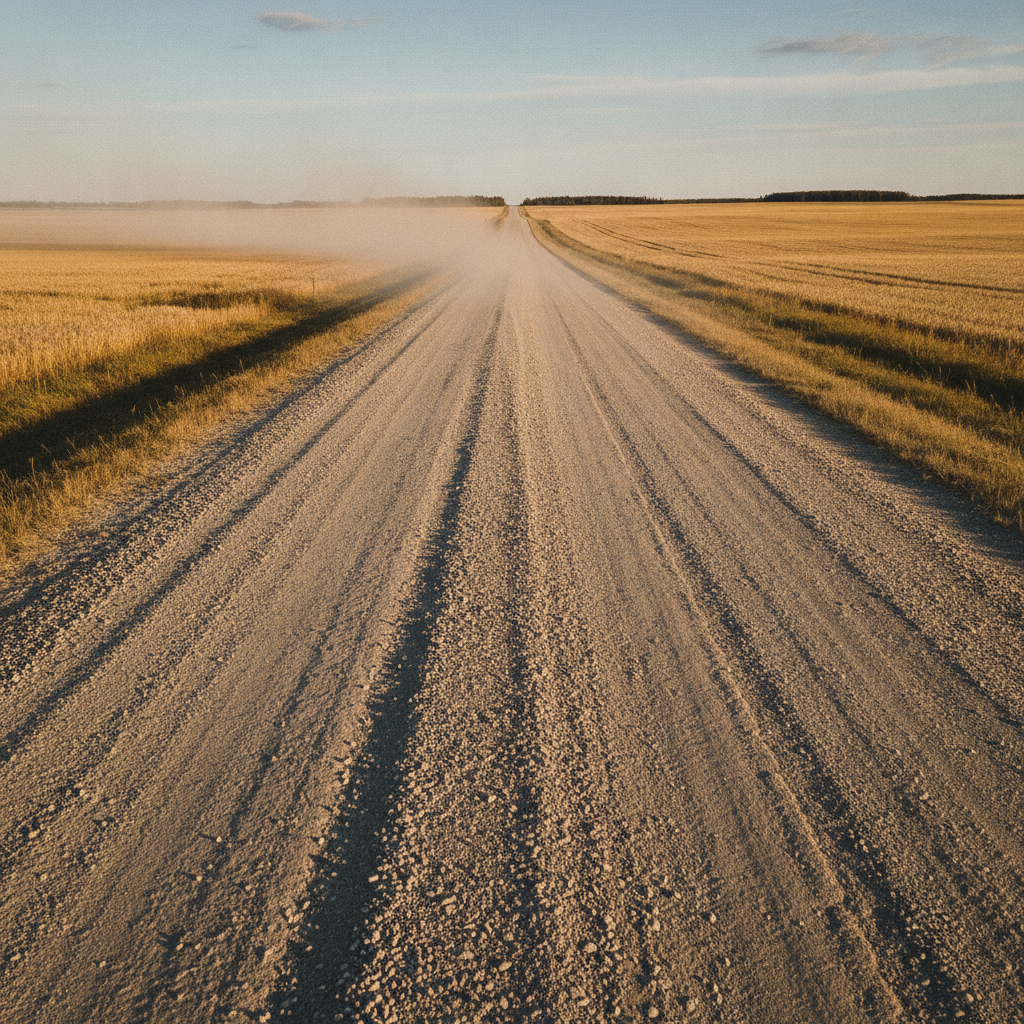 washboard gravel section road between harvested Manitoba fields in autumn