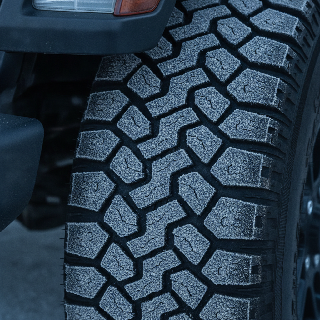 Frost packed into the deep tread blocks of an off road tire on a cold morning