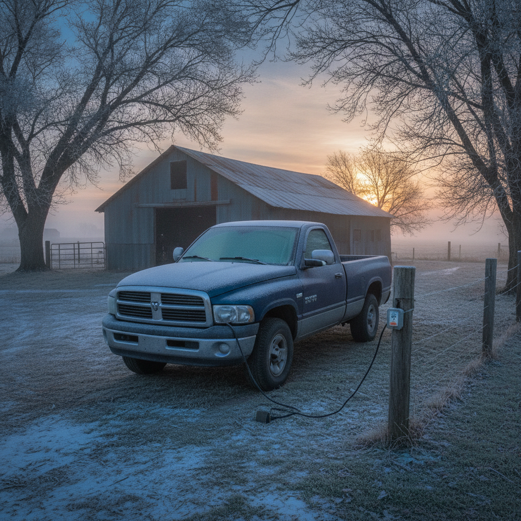 older pickup in a frosty Manitoba farmyard at sunrise with a block heater cord plugged in