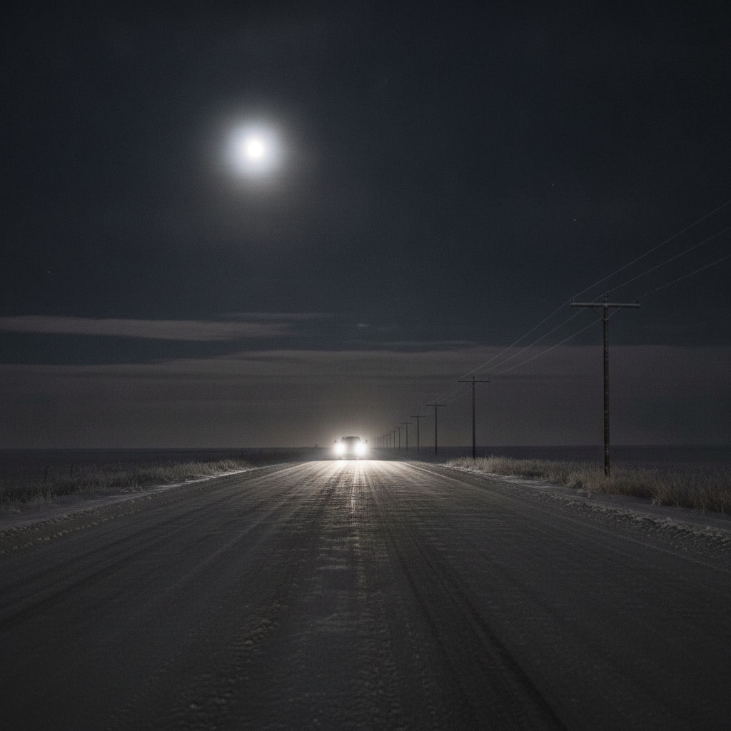 pickup headlights on a snowy two lane Manitoba highway at night