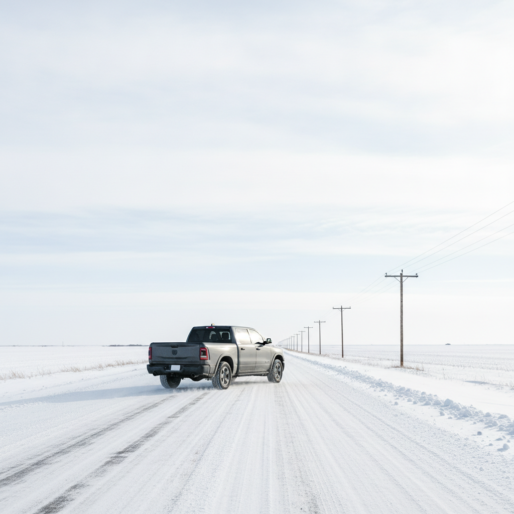 pickup on a snow packed Manitoba highway under a pale winter sky
