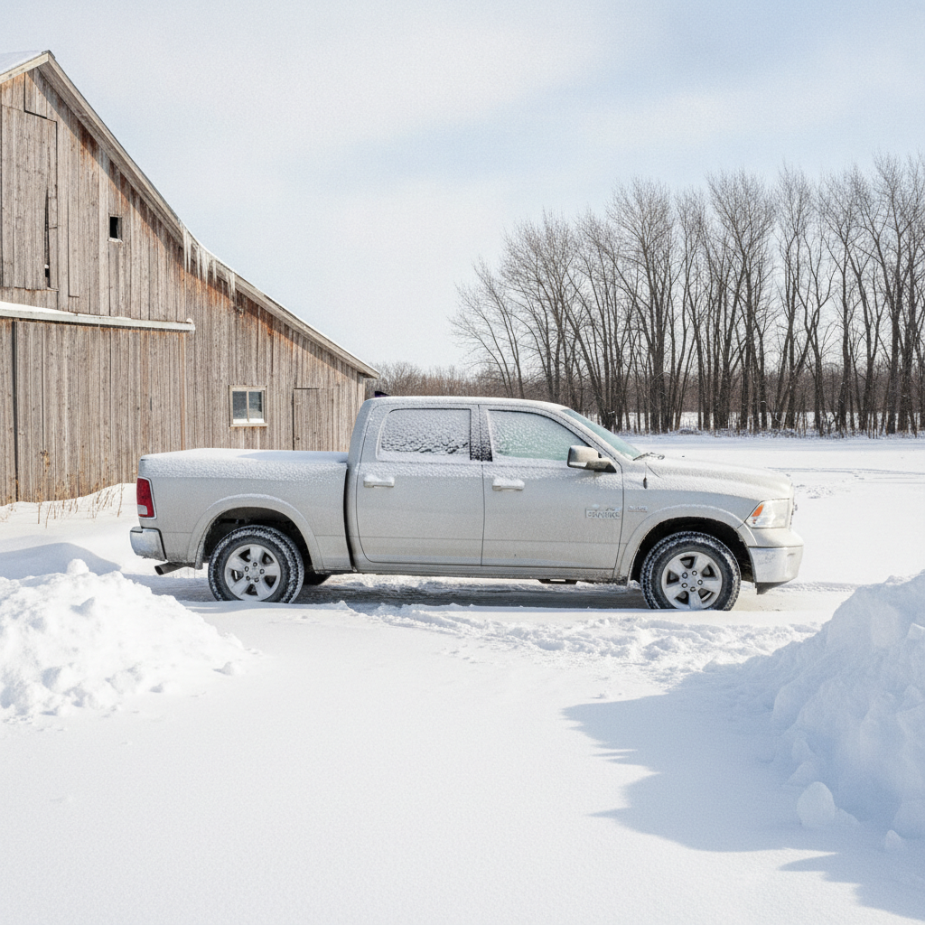 pickup parked beside a machine shed on a snowy Manitoba farm in January
