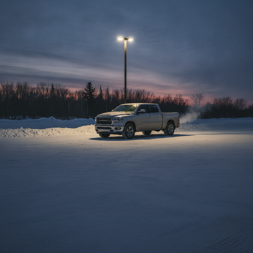 pickup warming up alone in a snowy parking lot on a Manitoba winter evening