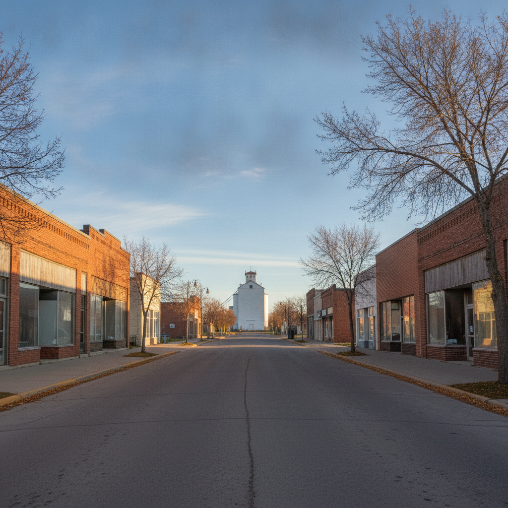 small prairie city main street with a grain elevator at the end of the road