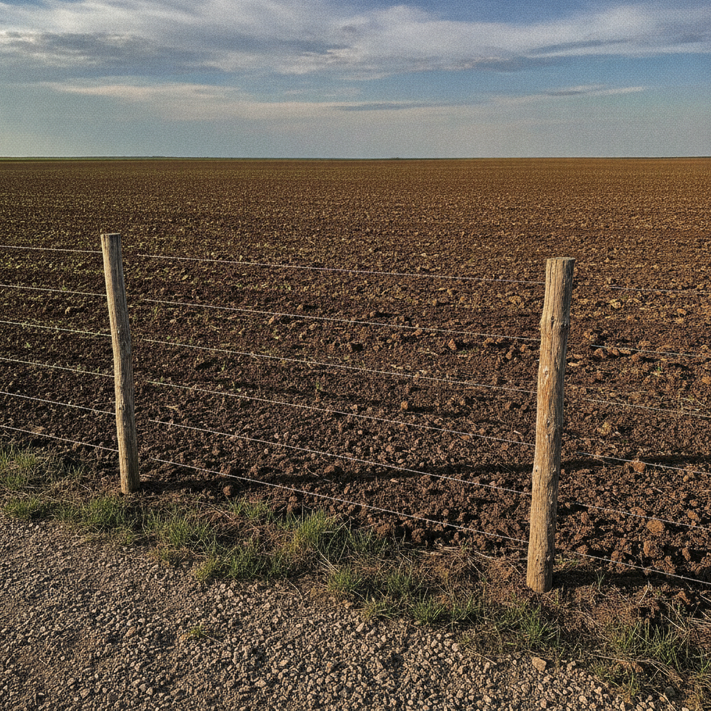 freshly seeded prairie field under a wide spring sky with a gravel approach