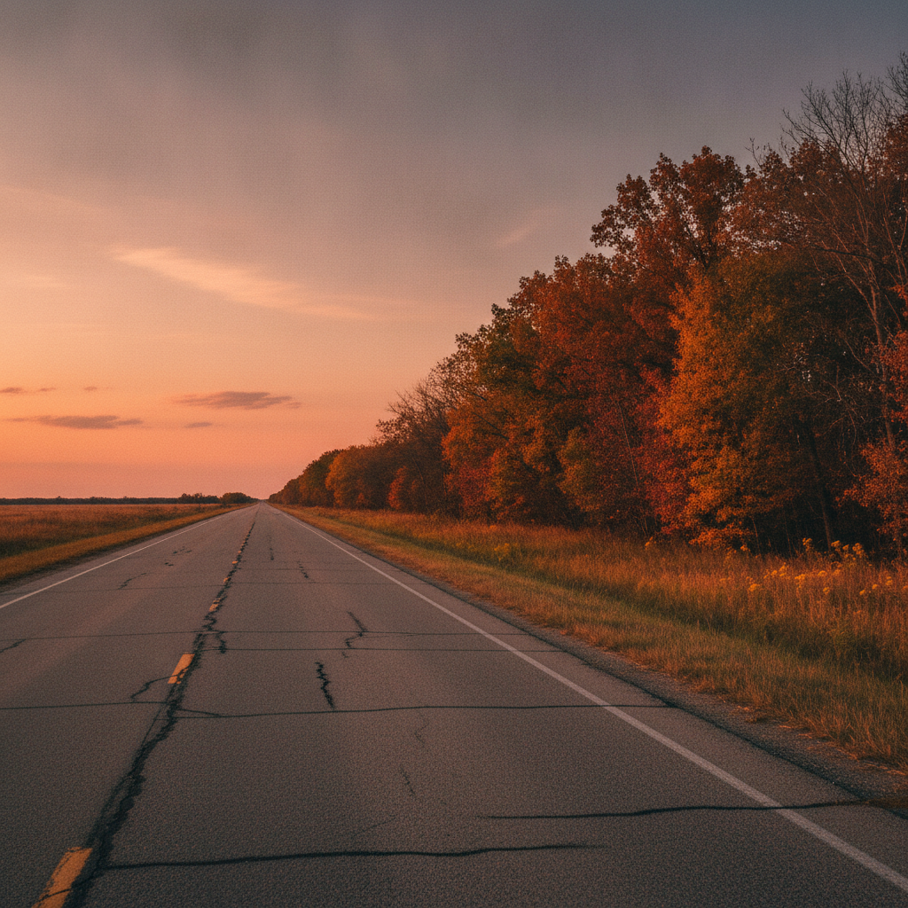empty two lane Manitoba highway at dusk beside a shelterbelt and tall ditch grass