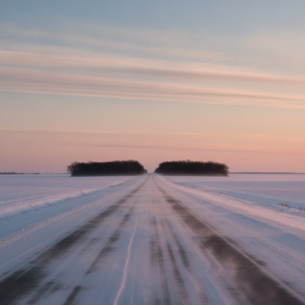 snowy prairie highway at first light in February with blowing snow across the road