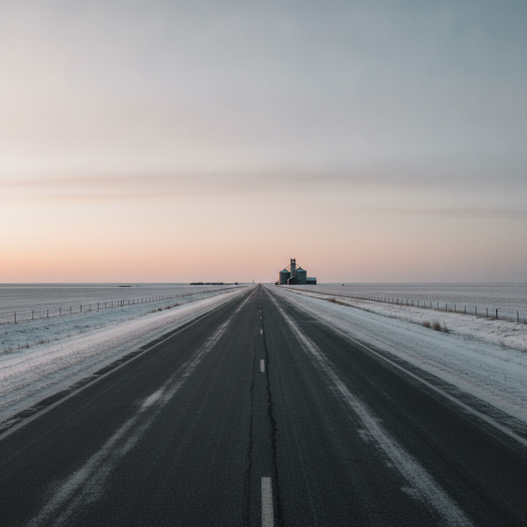 empty Manitoba prairie highway at dawn with the first light snow on the fields