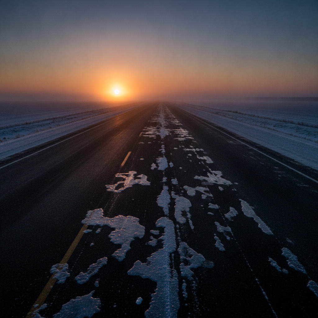 empty Manitoba divided highway at sunrise in deep cold with patches of ice on the pavement