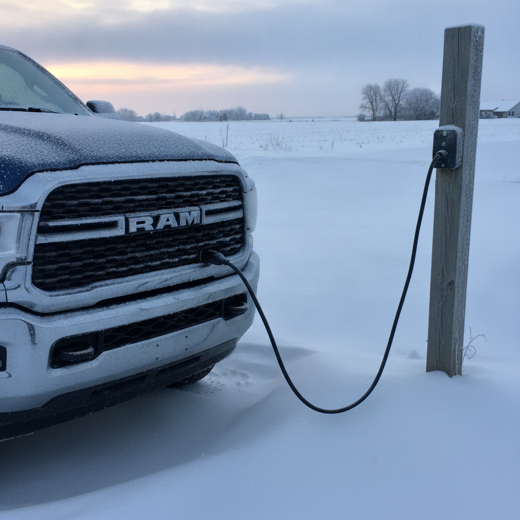 Block heater cord running to a Ram 2500 grille in a snowy Manitoba farmyard at dawn