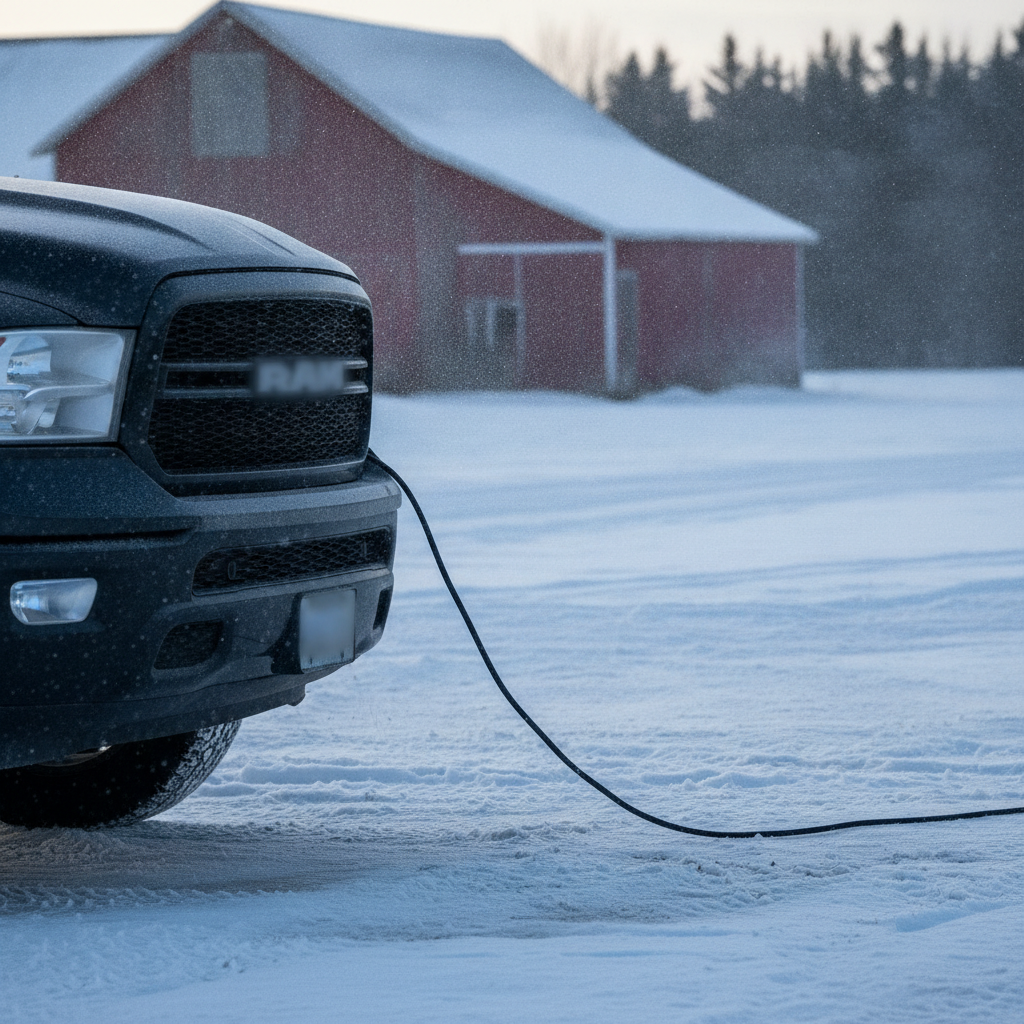 pickup plugged in with a block heater cord in a snowy Manitoba farmyard