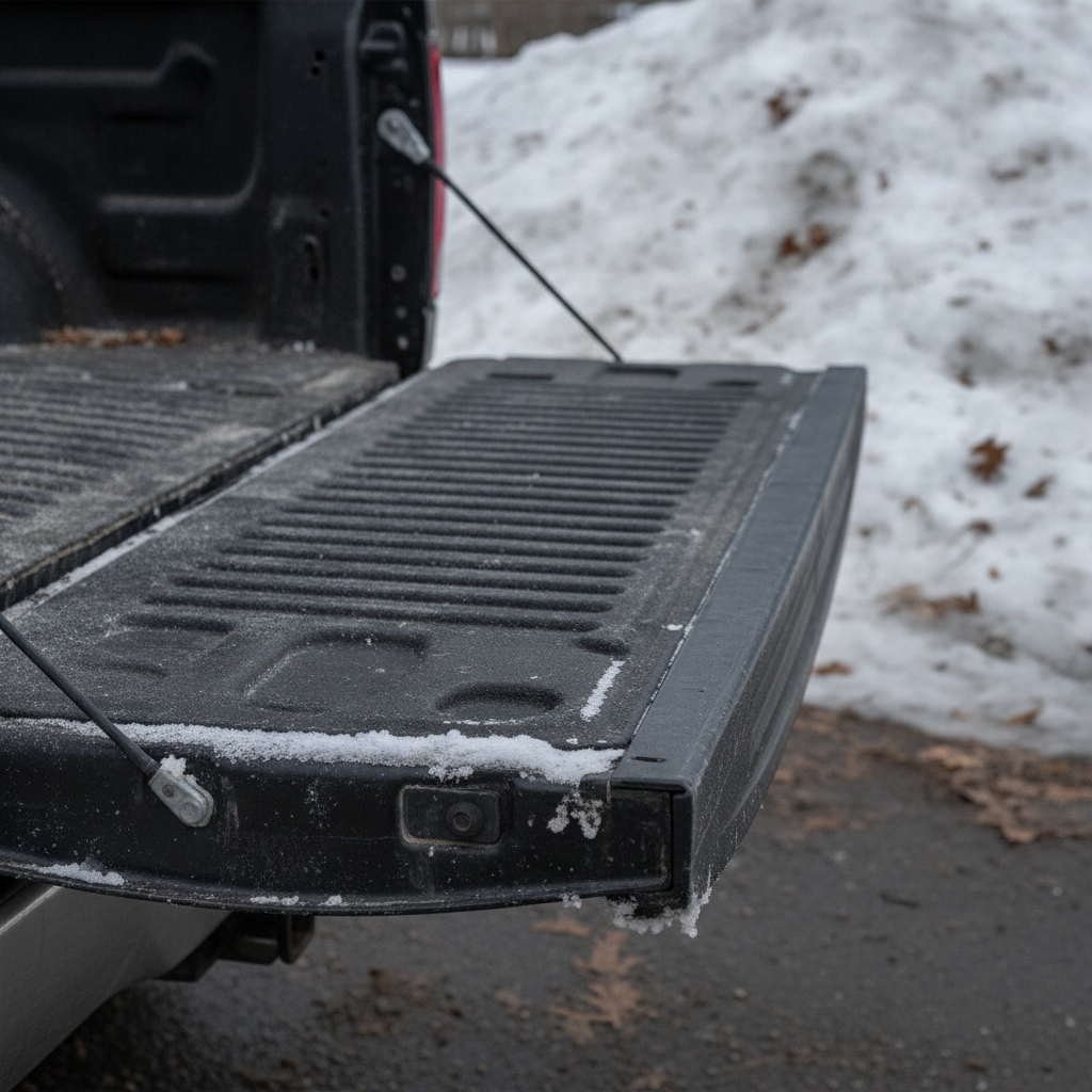 road salt crust on the inside of a lowered pickup tailgate in winter
