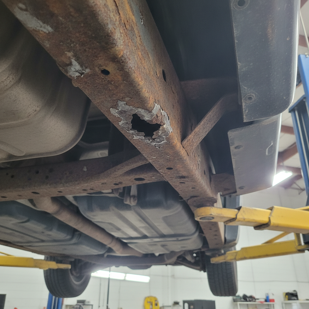 close up of a rusted pickup truck frame rail near a crossmember seen from below on a hoist