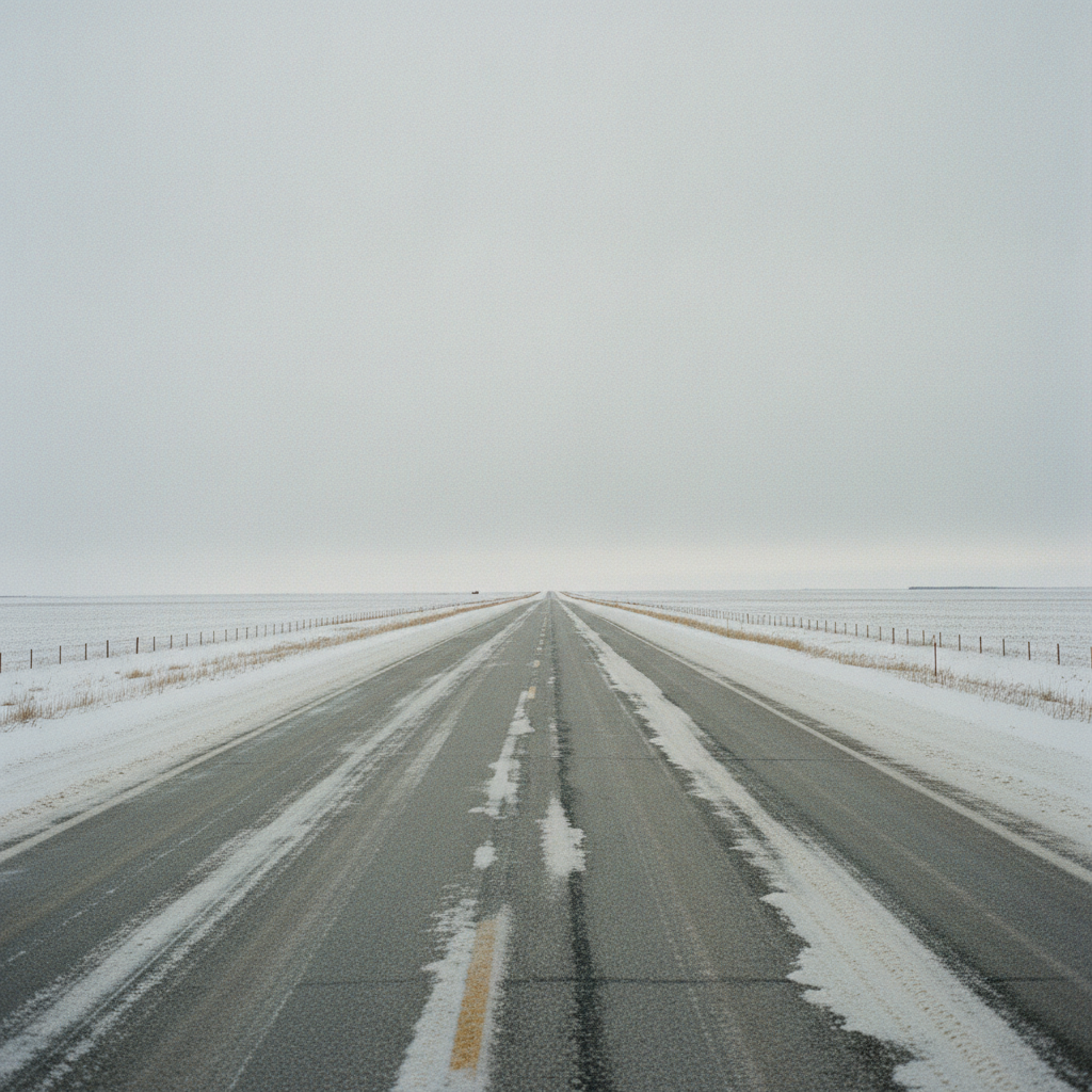 empty Manitoba prairie highway with slush and salt residue in the wheel tracks