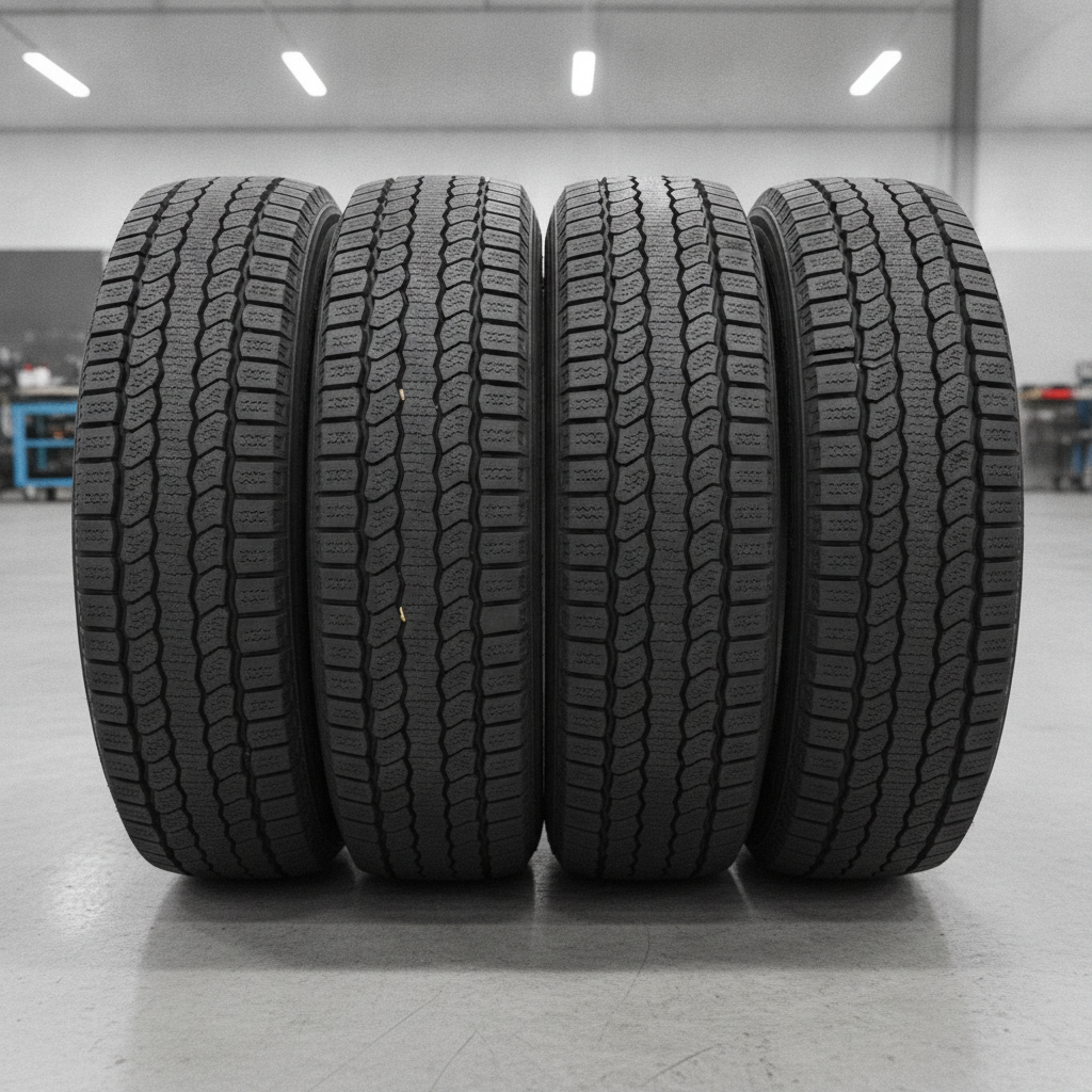 set of four new winter truck tires standing in a row on a shop floor