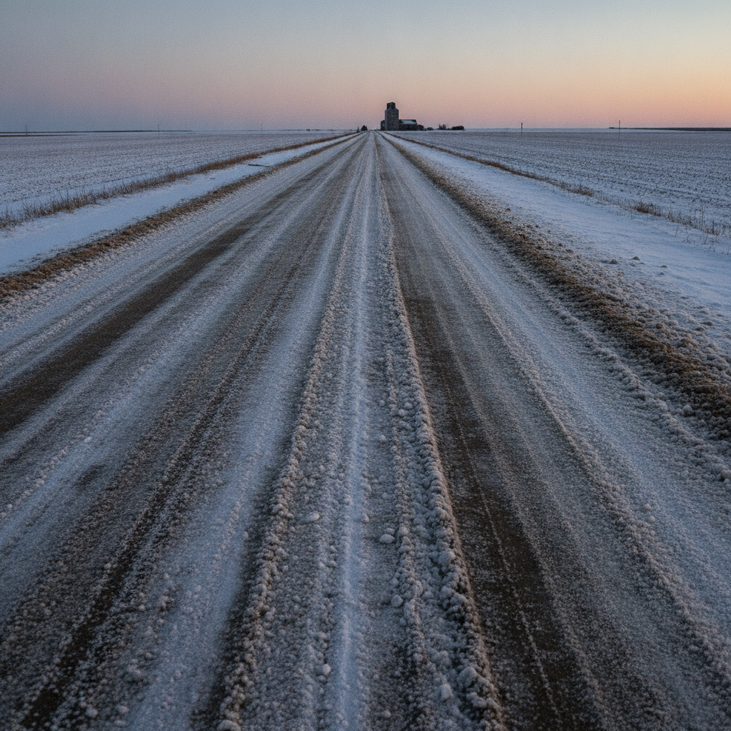 slushy prairie grid road at dusk with snowy fields and a distant grain elevator