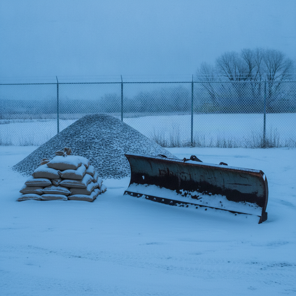 snow plow blade resting in a snowy equipment yard at dawn