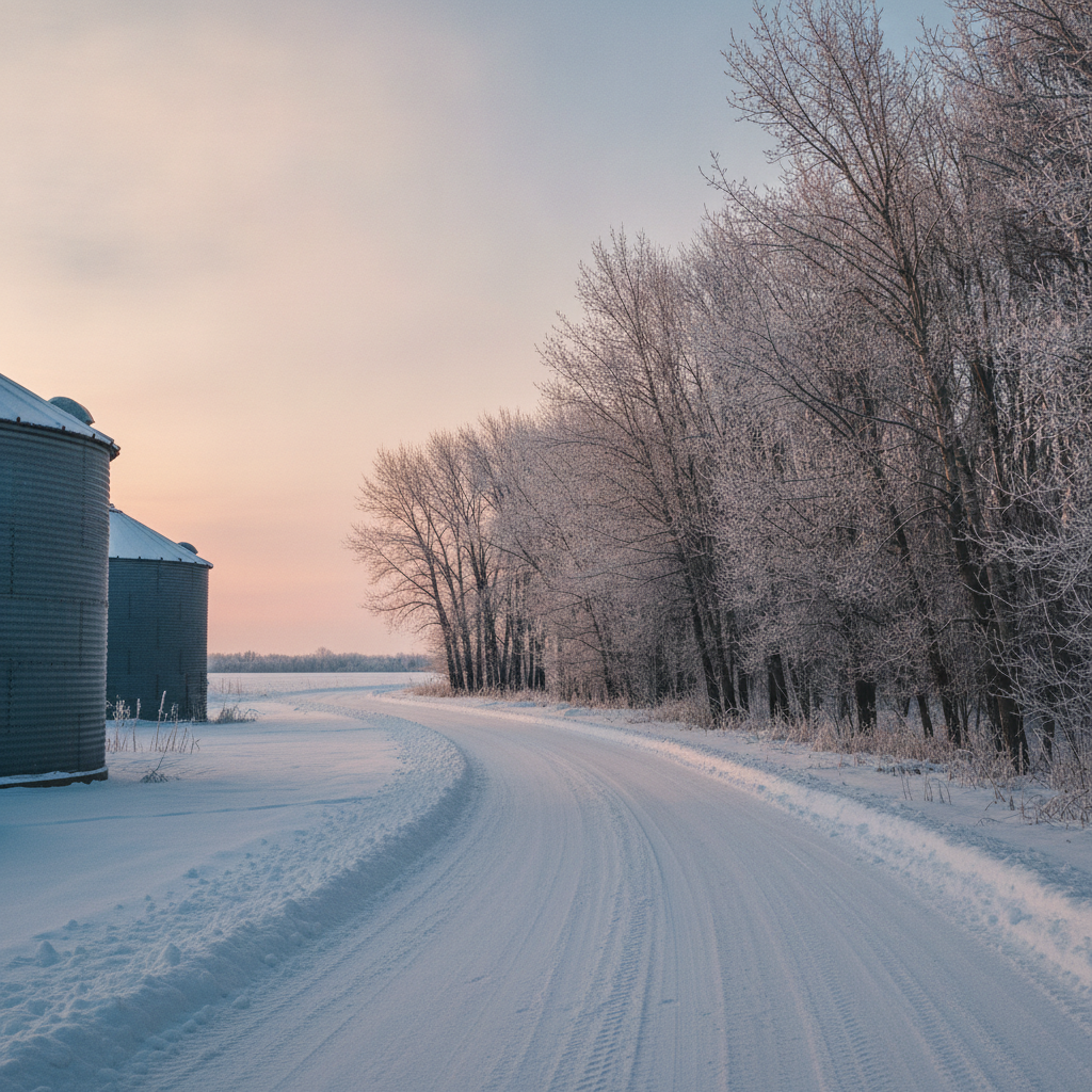 snowy gravel farmyard lane at sunrise beside a grain bin