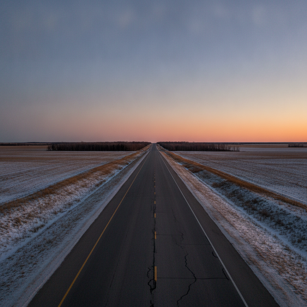 straight divided prairie highway at dusk in late autumn in Manitoba