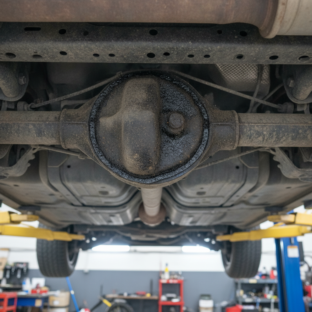 oil seep around a pickup truck rear differential cover seen from below