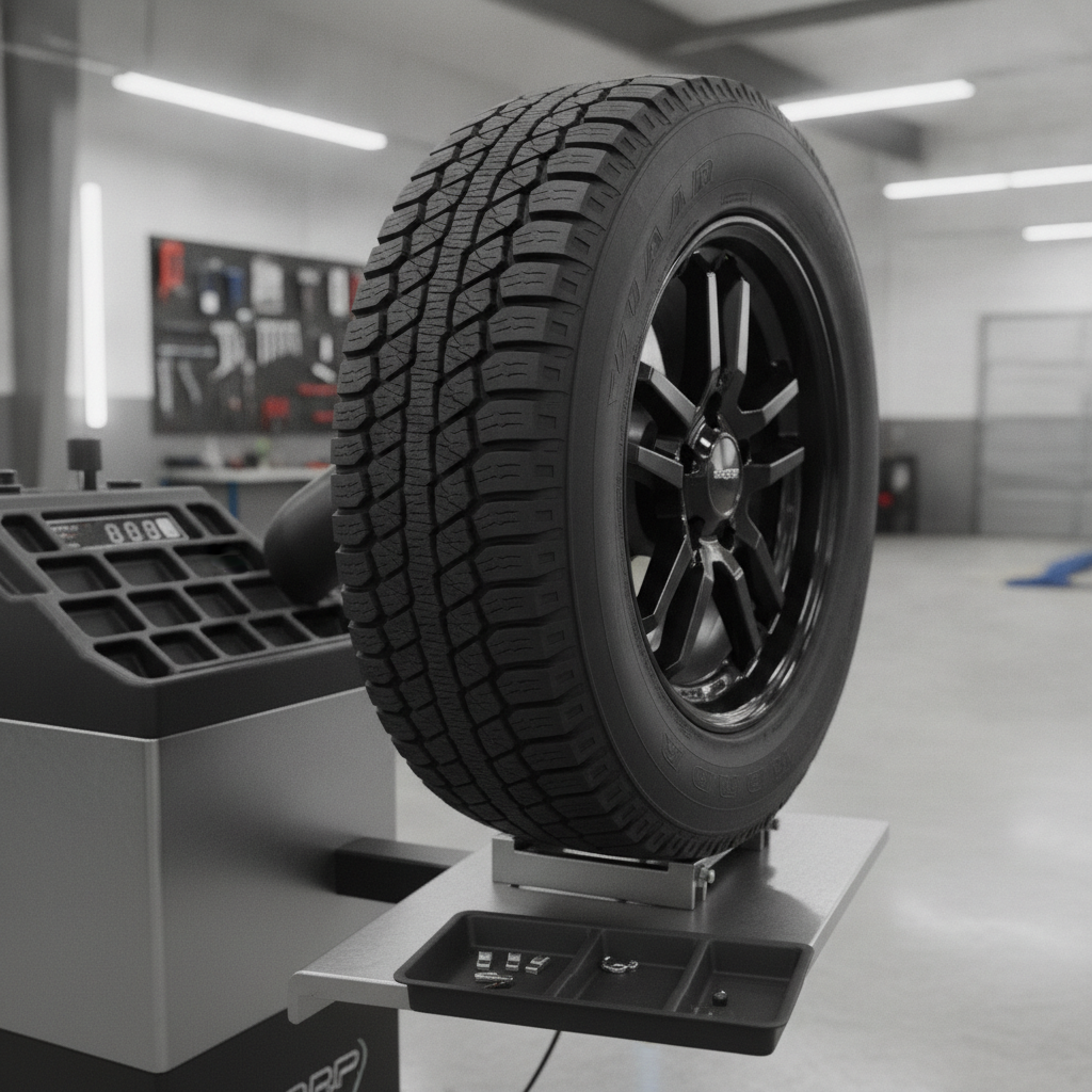 pickup truck wheel and winter tire on a balancing machine in a service shop
