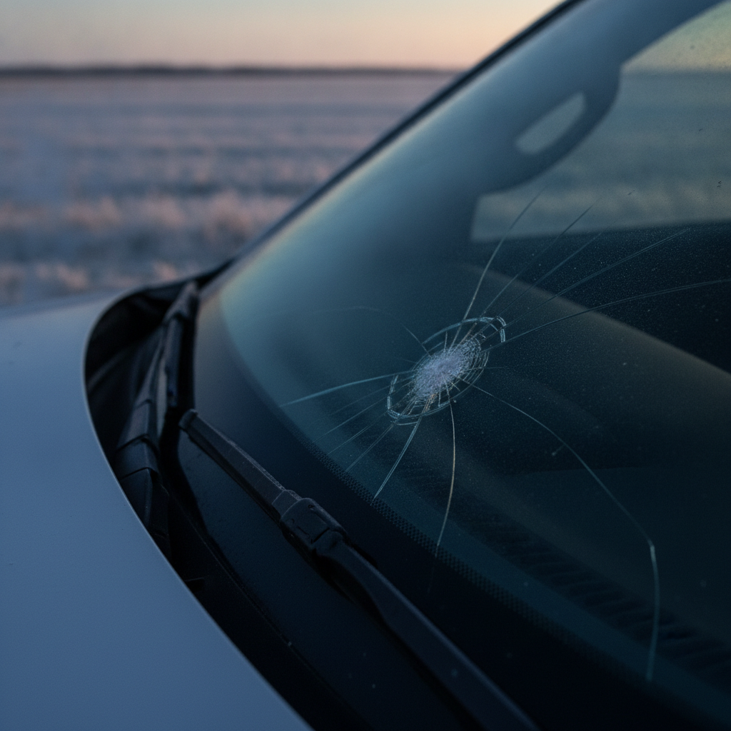 small stone chip in a windshield with a frosty prairie field behind