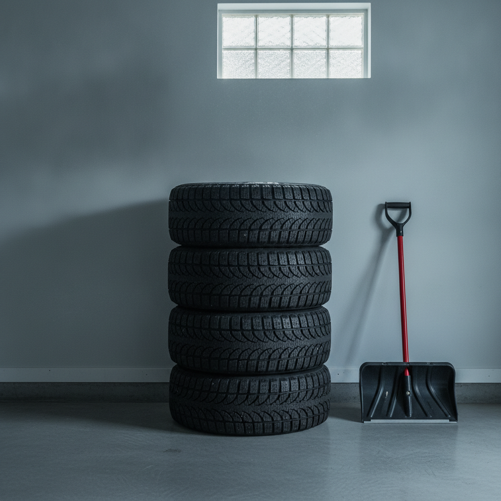 set of winter tires on steel rims stacked in a Manitoba garage