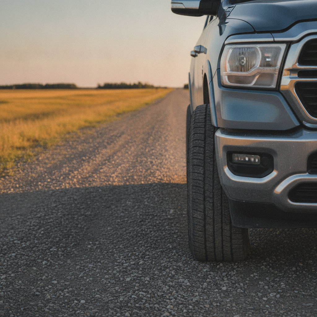 worn pickup truck tire on a gravel shoulder beside a prairie field