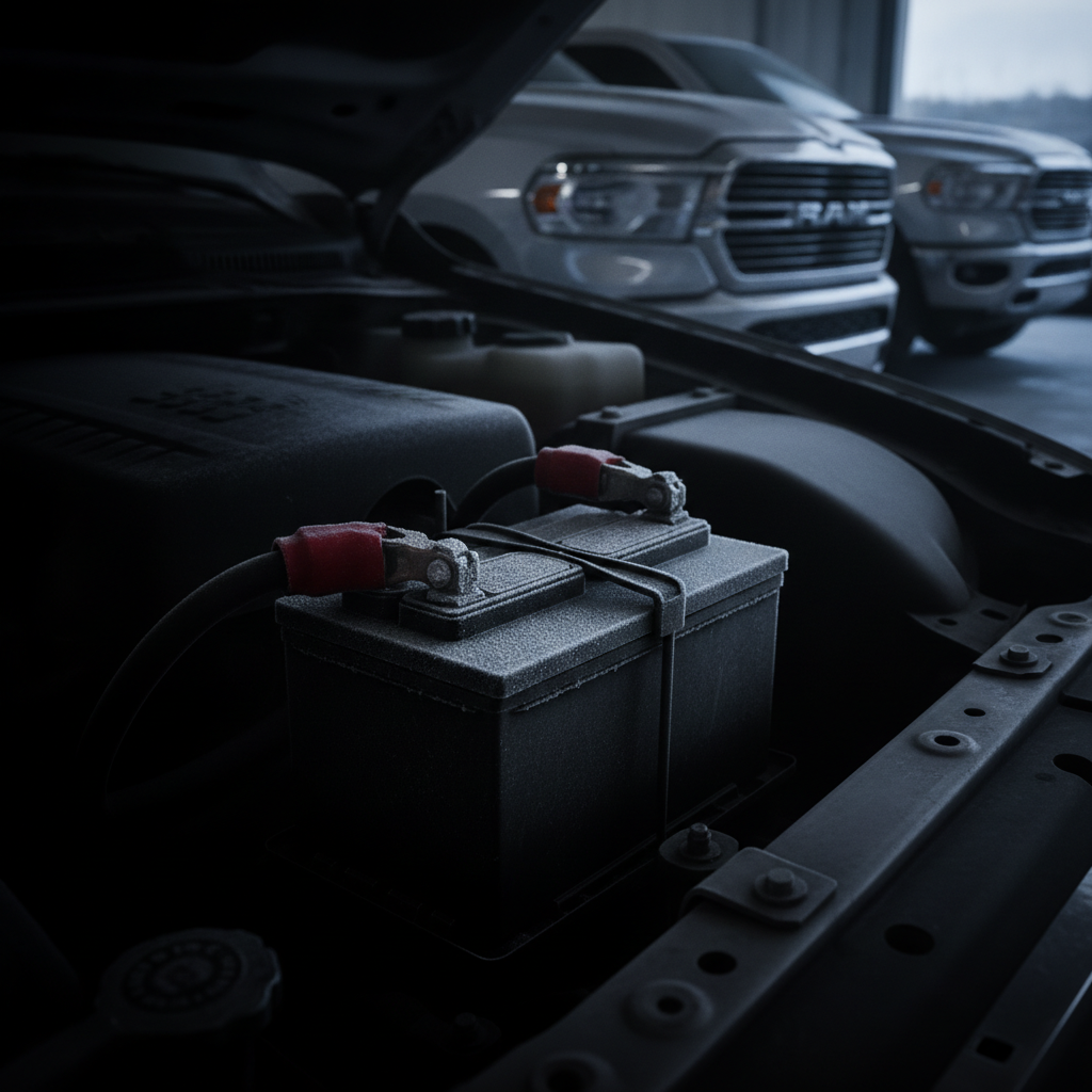 small 12 volt battery with terminal clamps in a frosty vehicle compartment